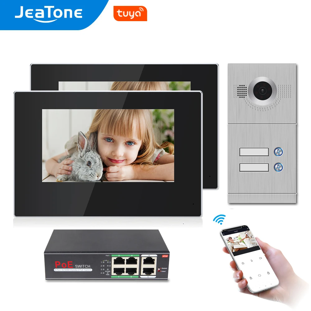 Jeatone 7 Zoll WiFi Video Intercom für 2 Wohnungen Tür Access Control System Tuya Smart APP Remote Entsperren, rufen und Monitor