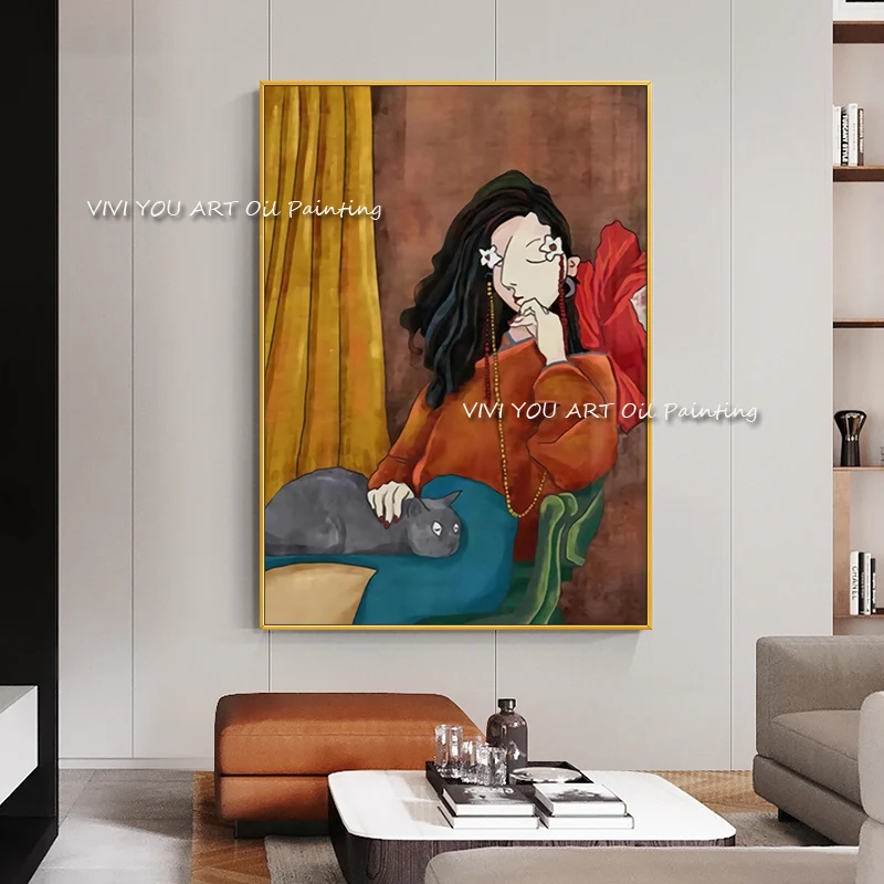 100% Handmade Abstract Art Girl Women with Cat Figure Canvas Oil Painting Modern Wall Art Poster in Living room Home Decoration