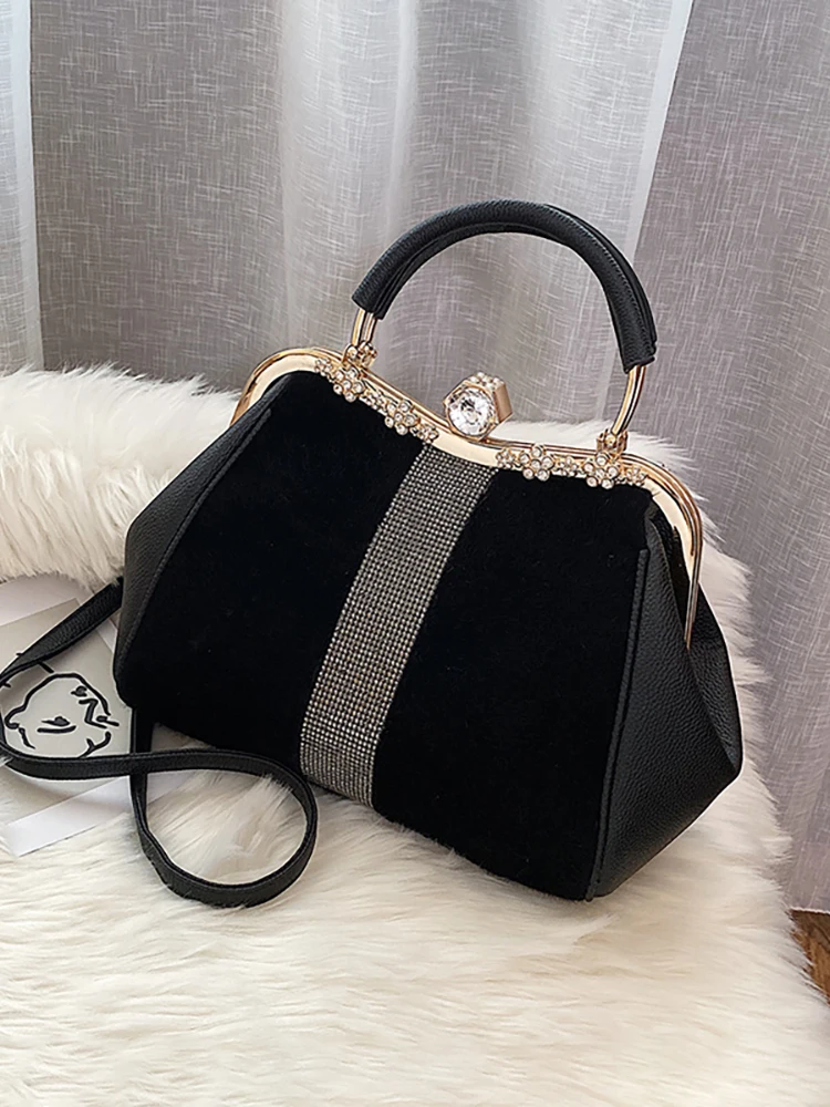 Classic Black Faux Fur Bag For Women Diamonds High Quality Pu Leather Party Tote Handbag Large Capacity Shoulder Crossbody Bags