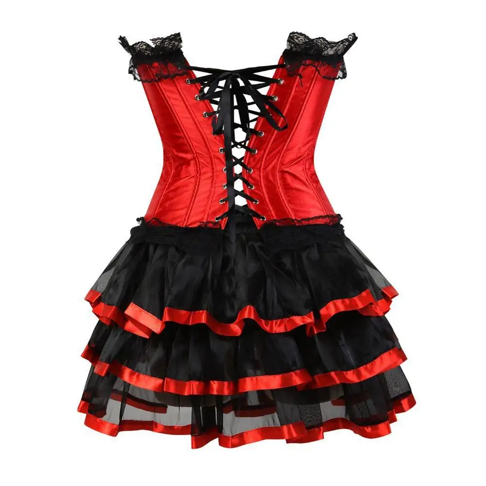 Plus Size S-6XL New Black/Purple/Blue/Red Lace Up Sexy Top Boned Satin Corset Bustier + skirt