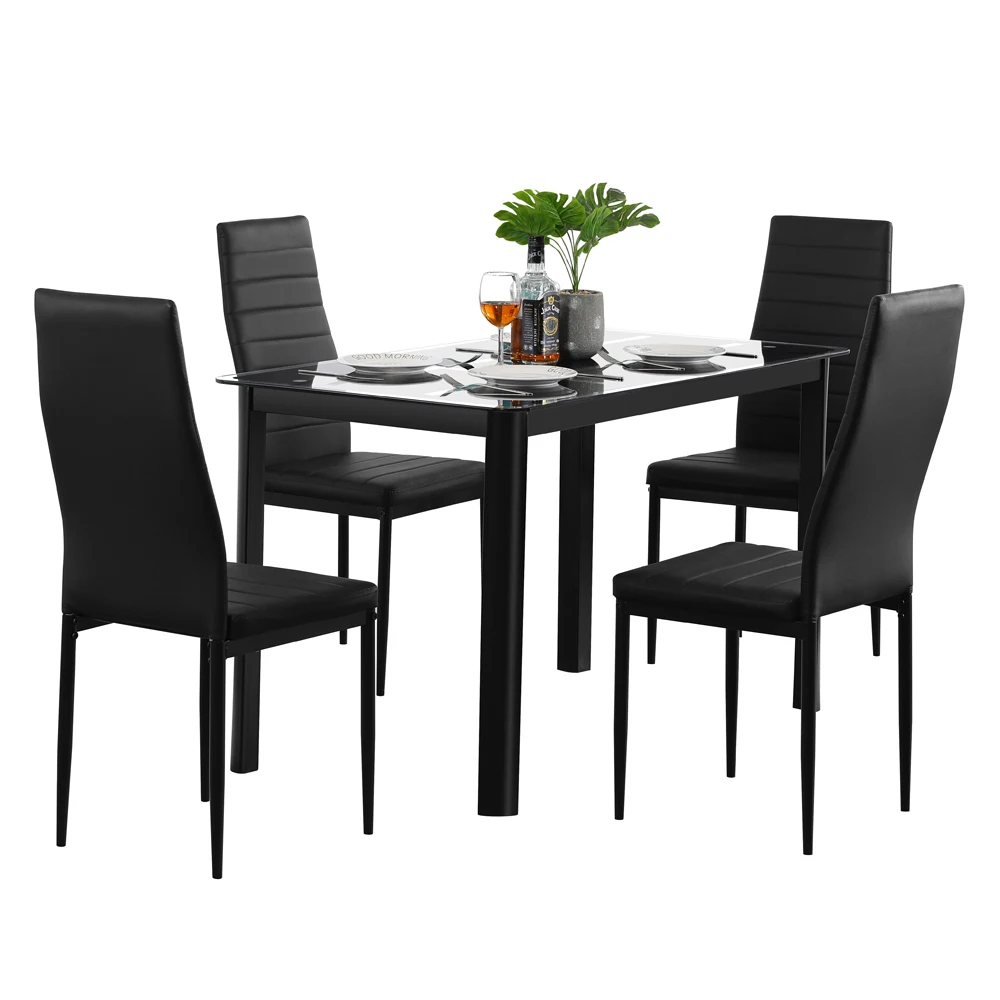 Glass Dining Table Set with Nine Block Box Pattern Black  4pcs Elegant Assembled Stripping Texture High Backrest Dining Chairs