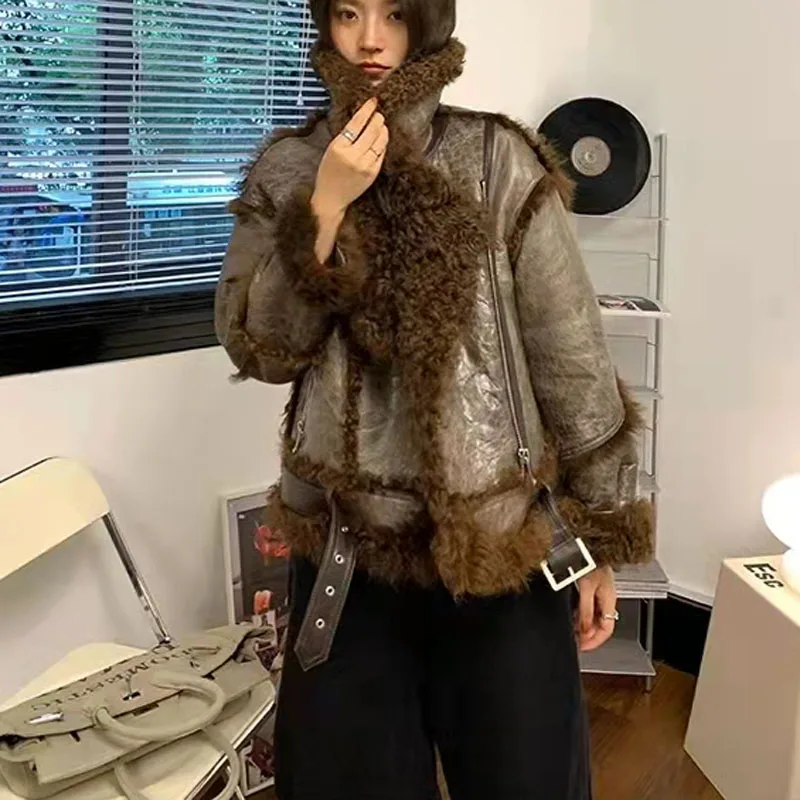 Natural Real Shee Fur Coat Short Length Luxury Jacket Women WInter Chapped Sheepskin Technology Thick Warm Locomotive Model