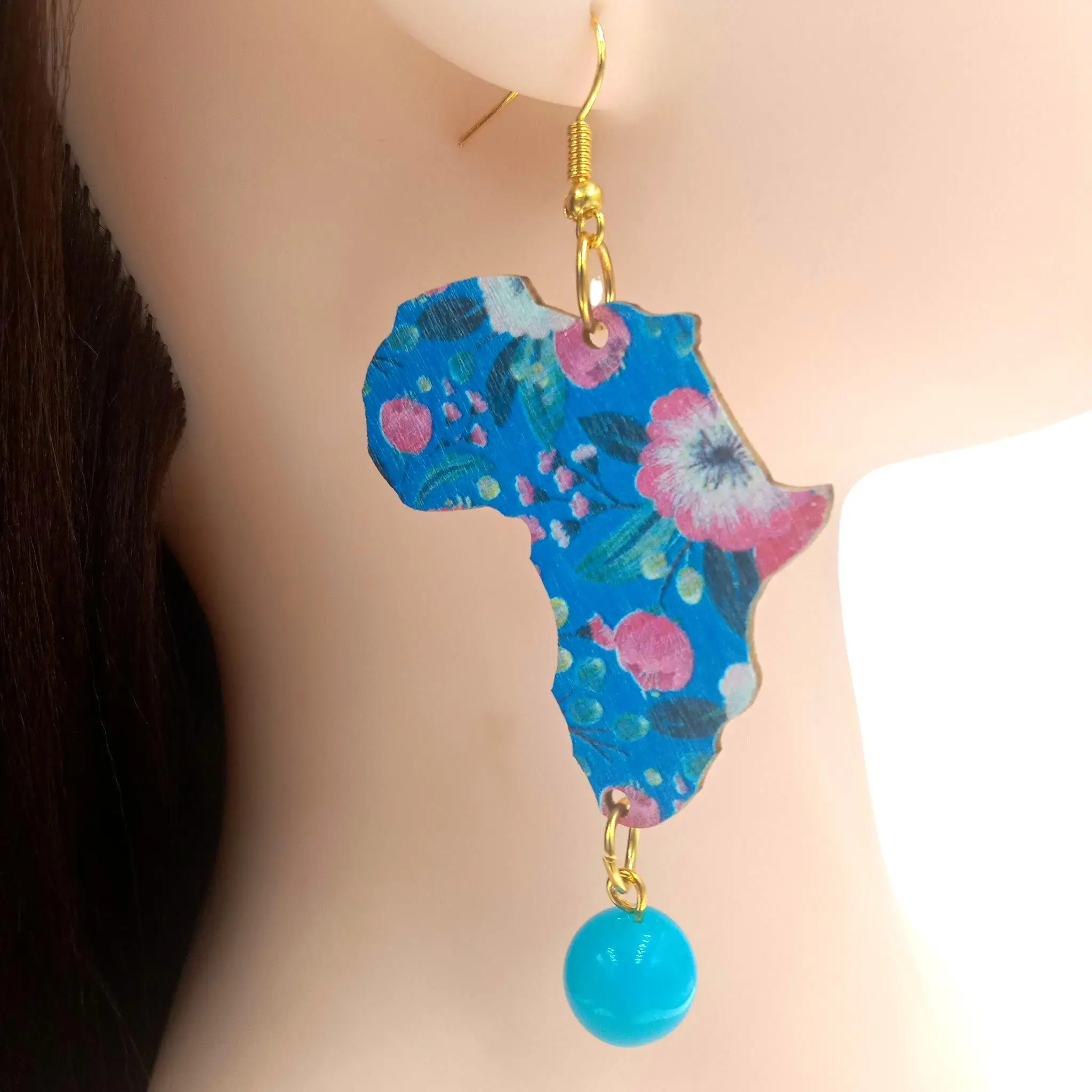 30 Style African Map Drop Earrings Wood Printing Flower Earrings Women Golden Hooks Earring Asymmetrical Party Big Bead Earring