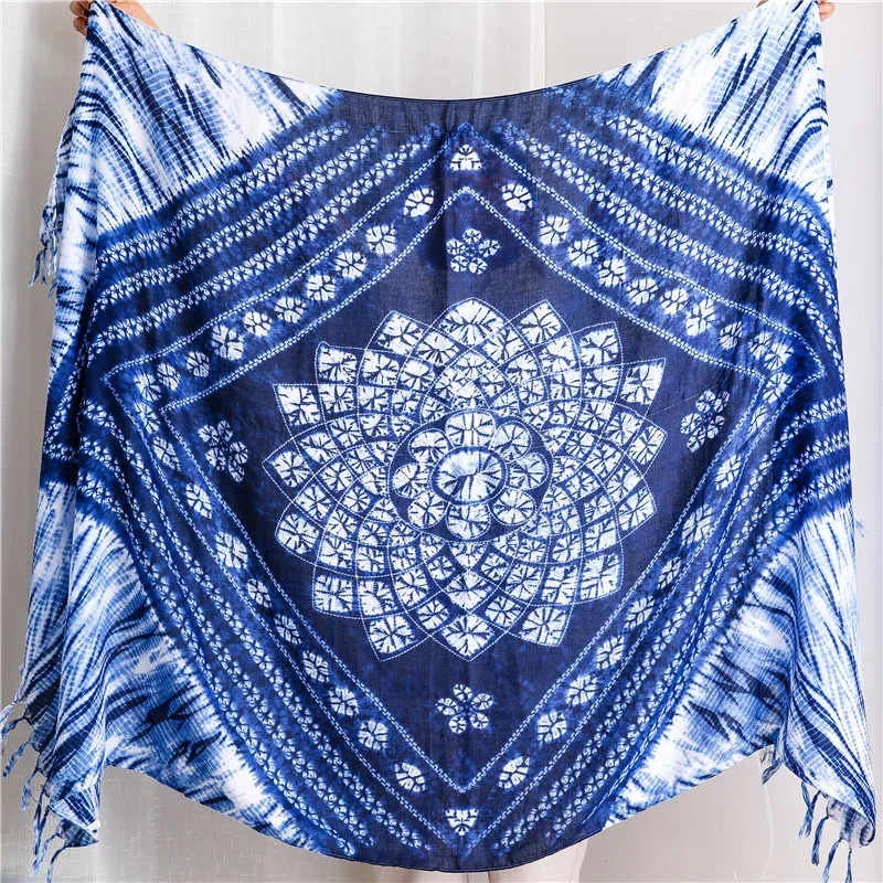 

Fashion Aztec Ethnic Navy Blue Lotus Floral Tassel Viscose Shawl Scarf Lady High Quality Wrap Pashmina Stole Muslim Hijab Snood