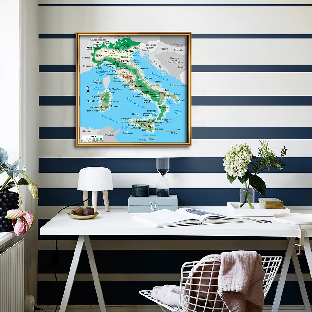 60*60Cm The Italy Terrain Map Modern Kanvas Lukisan Dinding Art Poster Kelas Dekorasi Rumah Perlengkapan Sekolah Anak-anak