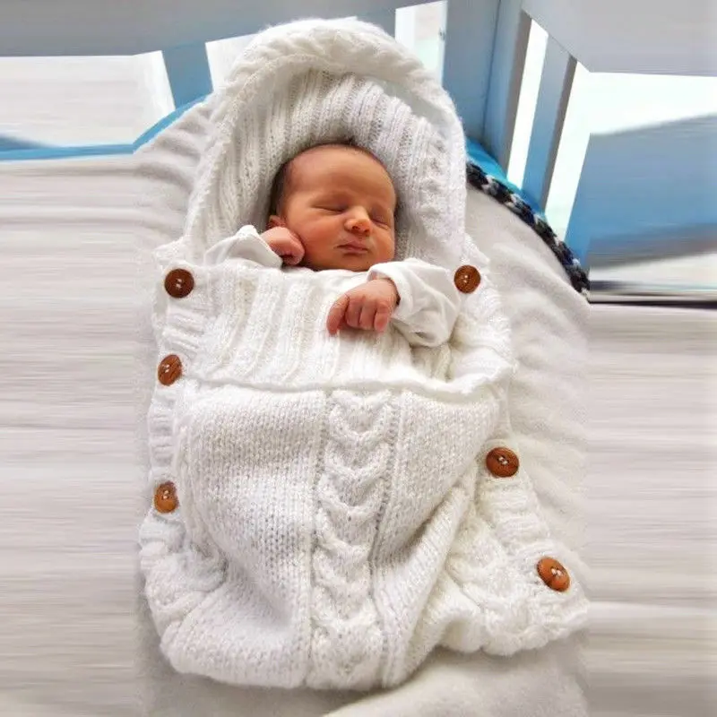 Newborn Infant Baby Knitted Sleeping Bags Crochet Spring Autumn Button Hooded Swaddle Wrap Kids Outdoor Sleeping Bag Blanket