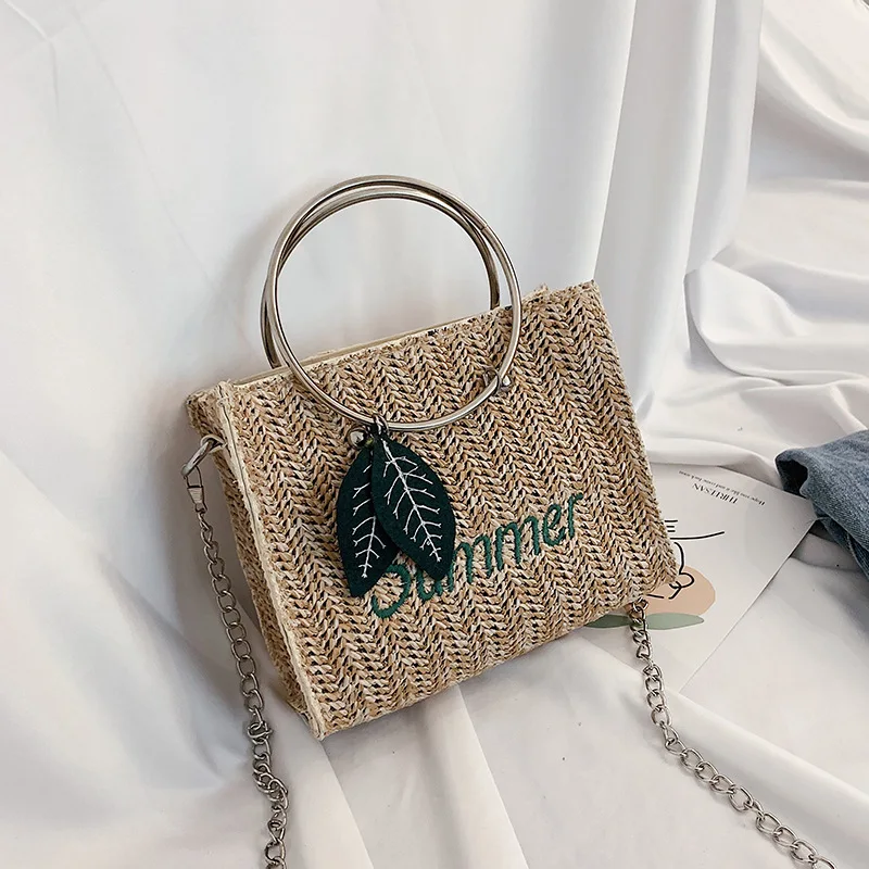 Boêmio quadrado bolsa de ombro das mulheres mensageiro ocasional palha rattan tecido senhora bolsas vime pequeno verão praia bolsa