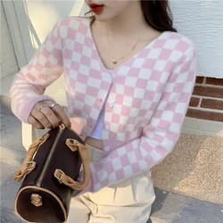 Checkerboard Knit Long Sleeve Cardigan V-neck Sweater Women