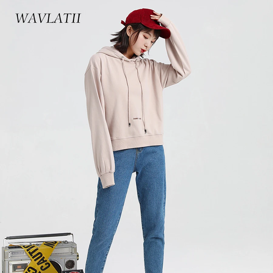 WAVLATII Women New Short Style Hoodies Lady Yellow Khaki Embroidery Terry Hooded Sweatshirts Female Spring Autumn Tops WH2108