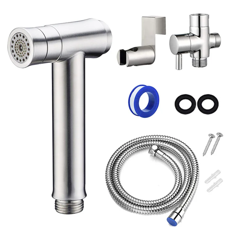 

304 Stainless Steel Two function toilet hand bidet faucet bathroom shower sprayer brass T adapter 1.2m hose tank hooked