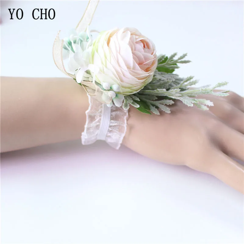 Yo cho corsages masculino casamento boutonniere noiva pulso corsage artificial flor de lótus rosa menina pulseira de pulso flor do noivo broche