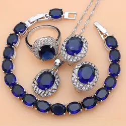 Blue Sapphire 925 Silver Jewelry Sets Gemstone Hoop Earrings Women Wdding Fine Jewellry Necklace Set Dropshipping