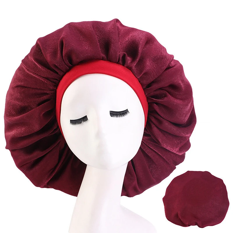 Extra Large Satin Night Sleep Cap African Print Solid Color Bonnet Hat Women Sleeping Silk Chemo Cap Hair Care Headscarf Turban