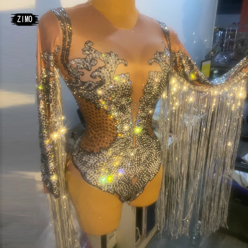 Błyszczący Srebrny Kombinezon na Imprezę z Cyrkoniami, Cekinami i Frędzlami, Kostium Taneczny Damski, Kombinezon z Frędzlami Sceniczne, Trykot Klubowy dla Tancerki, DS Piosenkarka