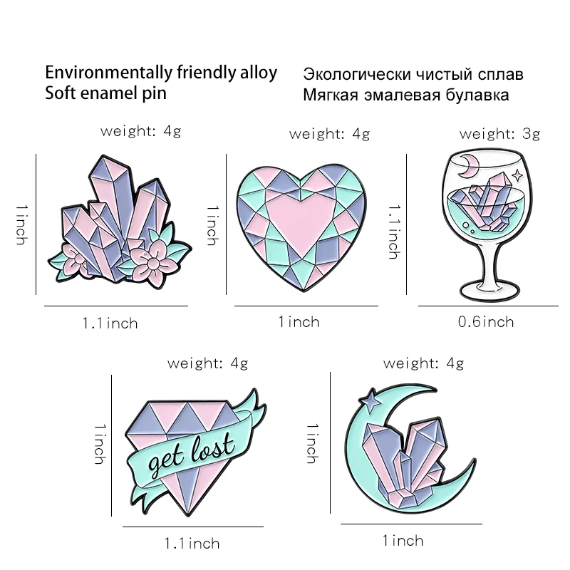 Pink Crystal Ore Enamel Pins Heart Moon Goblet Brooche for Women Backpacks Lapel Pin Cartoon Badge Jewelry Gift Wholesale