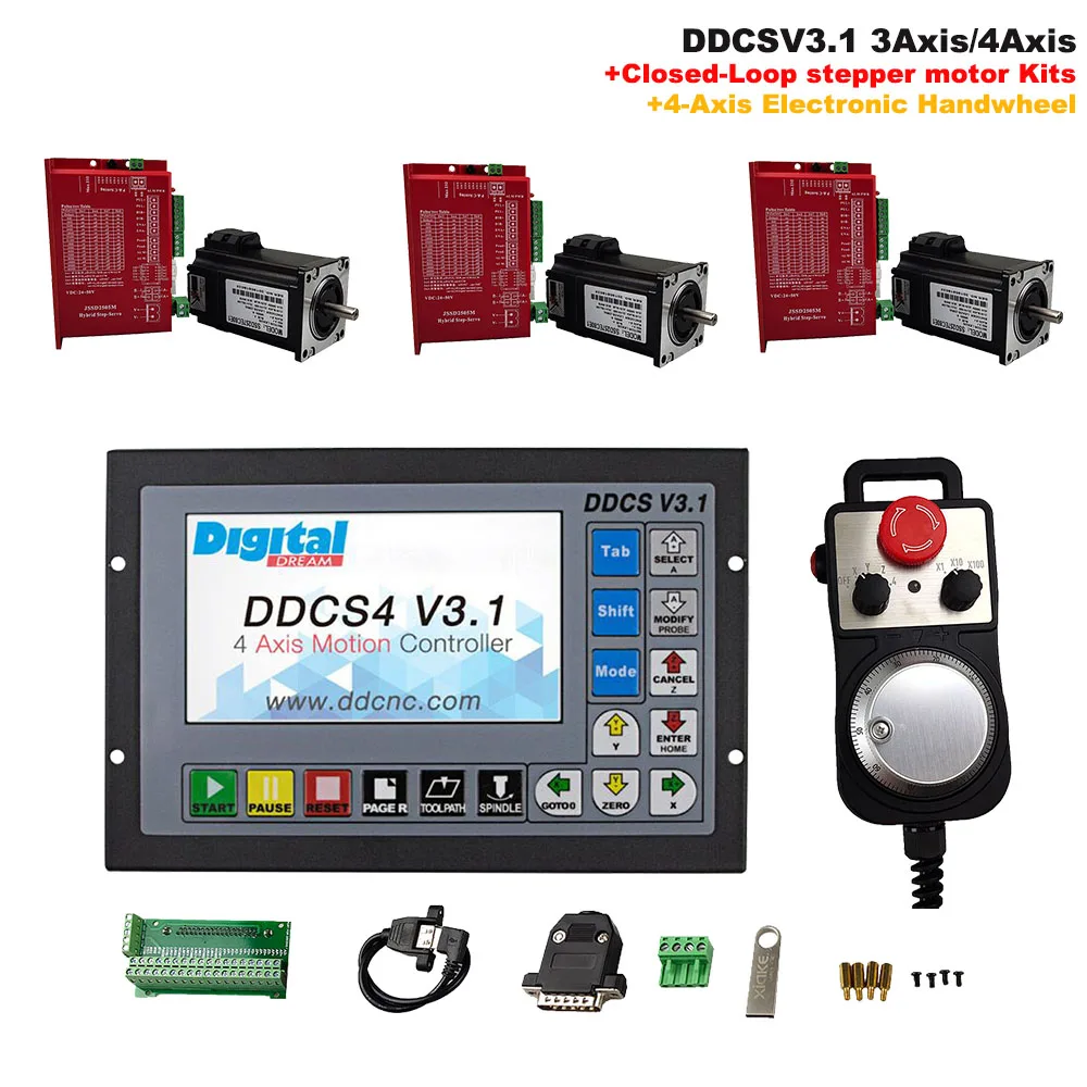 CNC Kit 1PCS 3/4-axis Offline CNC Controller DDCSV3.1+3PCS 2.2NM Closed-Loop stepper motor Kits+1PCS 4-Axis Electronic Handwheel