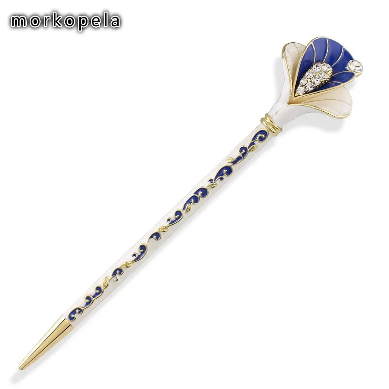 morkopela Tulip Flower Enamel Hairpin Stick Accessories Vintage Women Hair Clip Rhinestone Charm Hairpins Jewelry