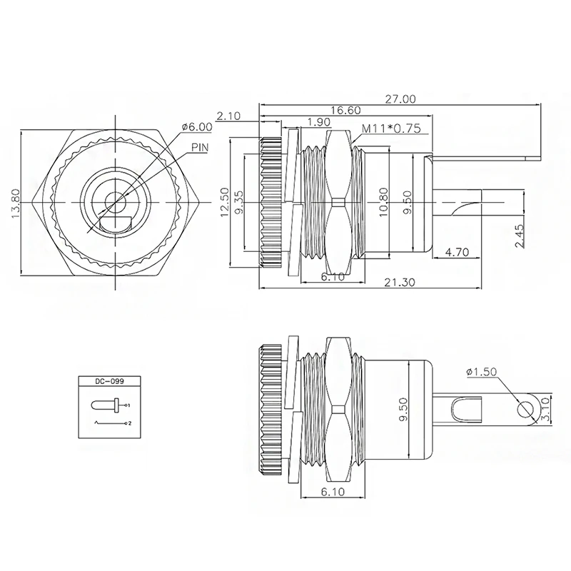 2/5 Stück DC099 5,5 mm x 2,1 mm DC-Steckdose mit Gewinde, Buchsenadapter mit 20 AWG-Kabel, Drähte, 10/15/20 cm DC-099 – Detail 1