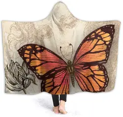 Butterfly Retro with Flower Wearable Blanket Fleece Hooded Robe Cloak Throw Quilt Poncho Microfiber Sherpa Plush Warm Wrap