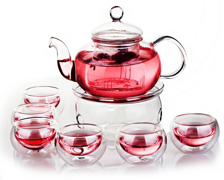 

Borosilicate Glass Tea Pot Set Infuser Teapot With Warmer And 6 Double Wall Tea Cups