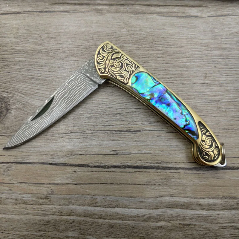 Cuchillo plegable de bolsillo de hoja de acero de Damasco hecho a mano de gran tamaño, latón amarillo + mango de concha de abulón, cuchillo utilitario
