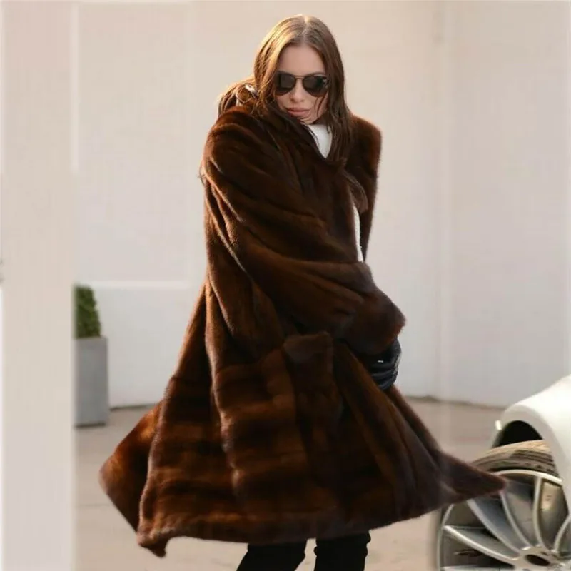 BFFUR Fashion Coffee Color Real Mink Fur Coat Long Woman Winter New Whole Skin Mink Fur Coats Genuine Woman Luxury Fur Outwear