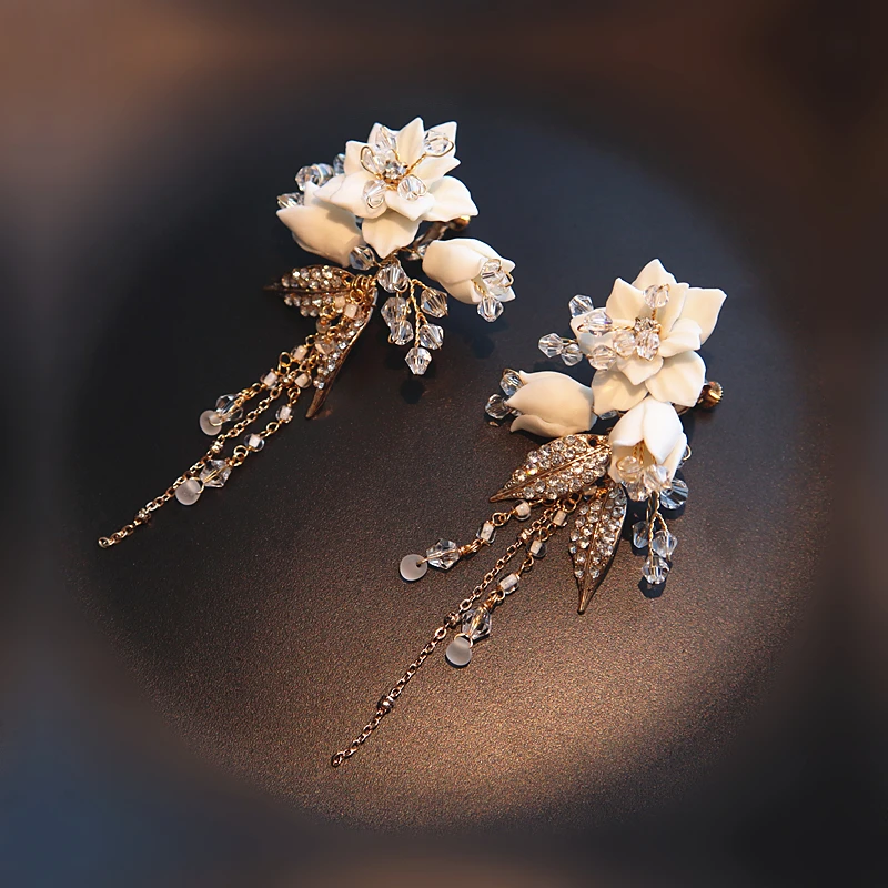 Handmade White Floral Bridal Drop Earrings Wedding Accessories Rhinestone Women Earring Jewelry