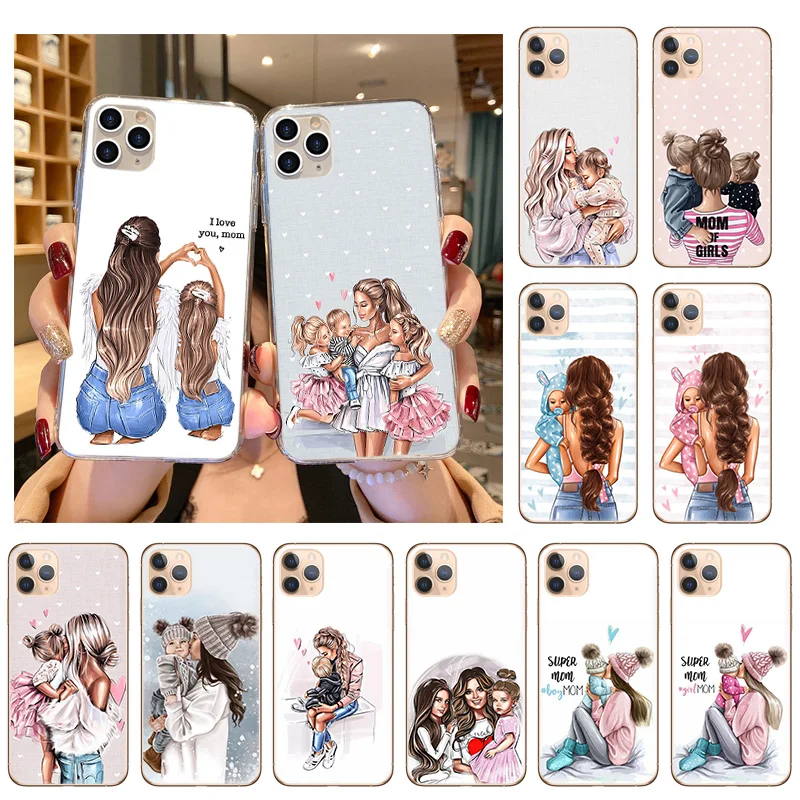 Super Mom Baby Girl Son Transparent Soft TPU Phone Case For iPhone 13 12 11 Pro Max Mini X XS XR 7 8 6 Plus SE2020 Cartoon Cover