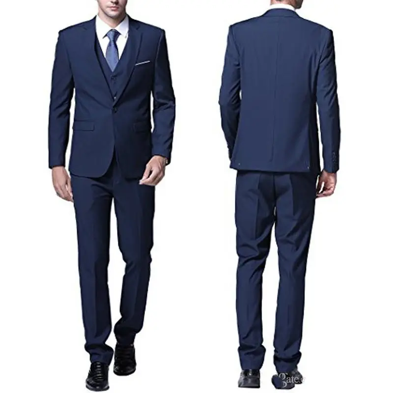 Costume de soirée de mariage bleu marine pour hommes, 2023, coupe ajustée à revers cranté, Tuxedos de mariage pour garçons d'honneur, sur mesure (veste + pantalon + gilet)