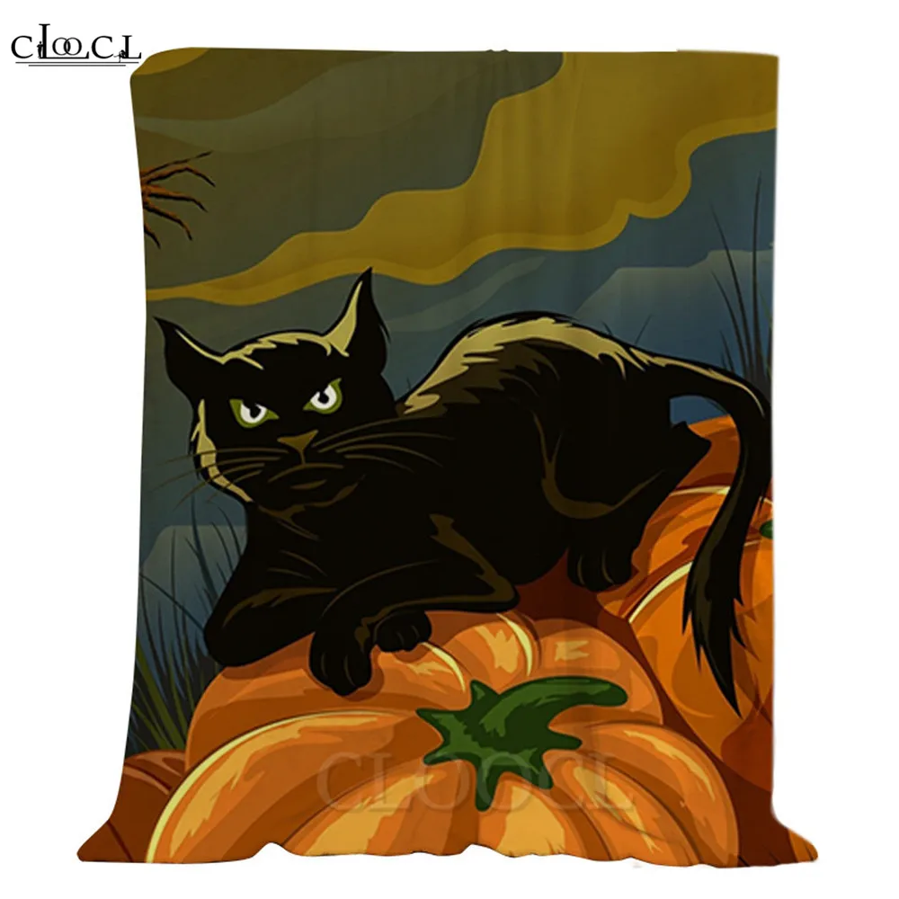 HX Halloween  Flannel Blankets Cute Kitten Pumpkin Hat Print Halloween Blanket Keep Warm Plush Quilts Gift For Festival