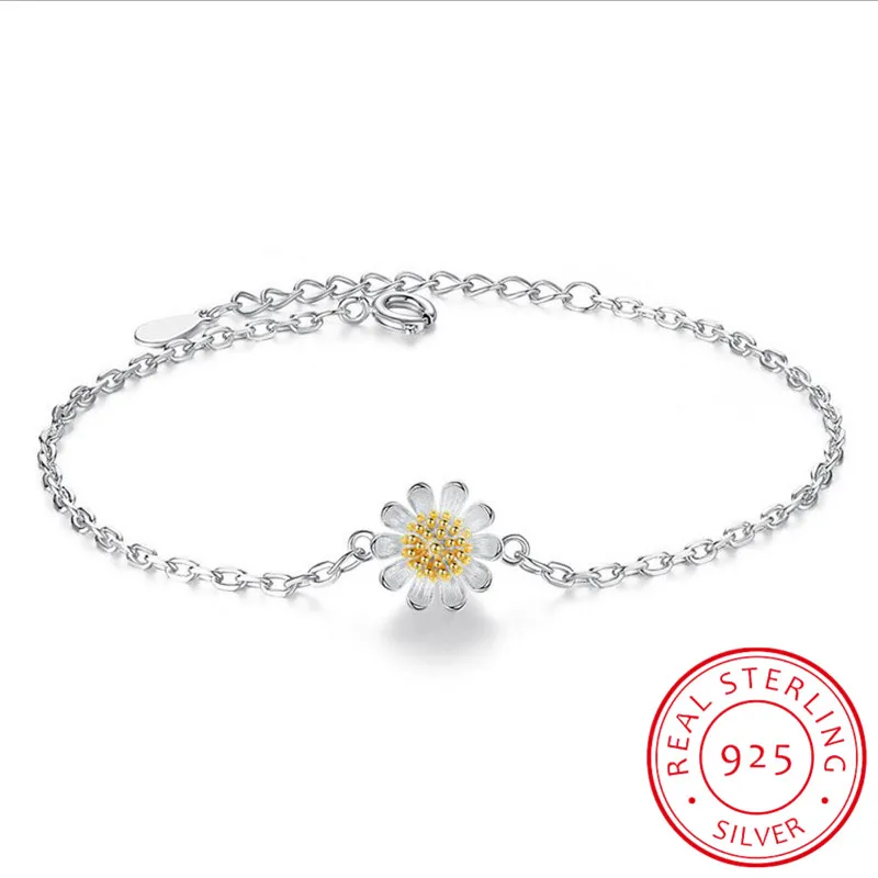 Real Pure 925 Sterling Silver Jewelry Romantic Vintage Daisy Flower Bracelets For Women Homme 2020 Pulsera De Plata Drop Ship