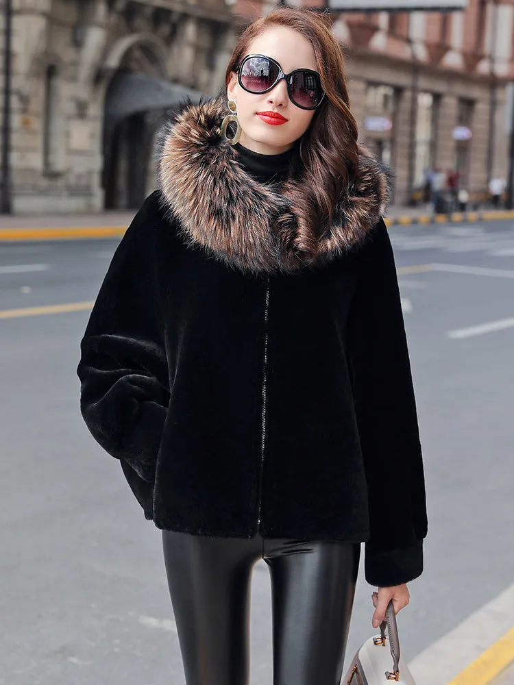 

Faced Double Fur Coat Female Natural Wool Fur Coats Winter Jacket Women Raccoon Fur Collar Genuine Leather Jacket MY4462 s