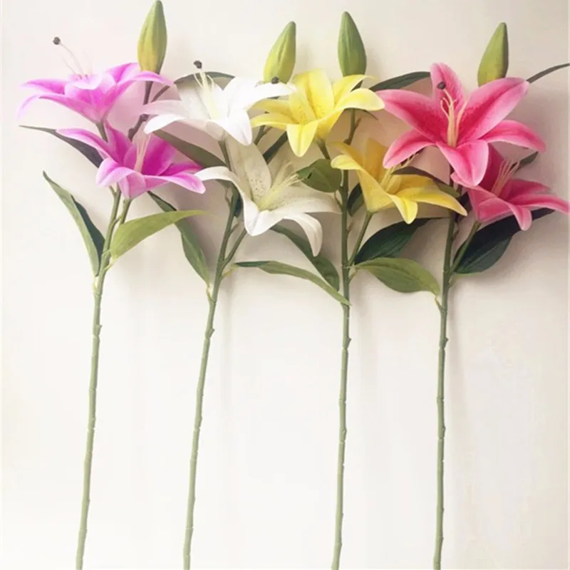 6pcs Artificial Lily Branch Real Touch Good Quality Greenish Three Heads Latex Llily Flower