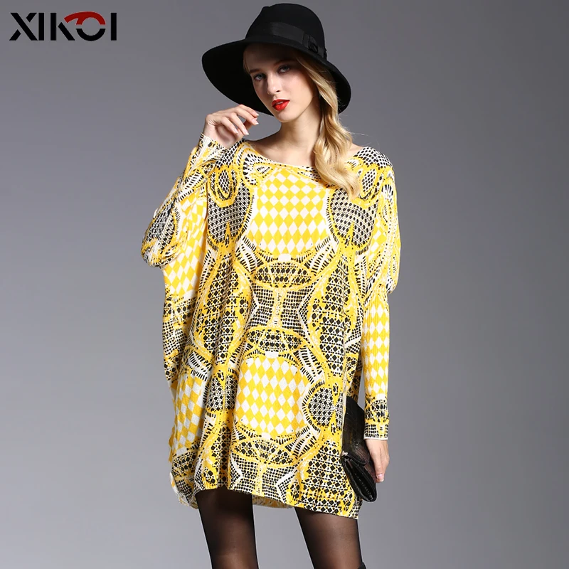 XIKOI Fall New Sweater Women Oversized Yellow Dress Casual Print Knitted Pullovers Winter Fashion Long Batwing Sleeve Pull Femme