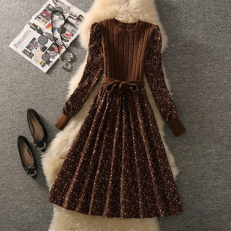 Women Autumn Patchwork Knitted Floral Print Dress Spring Casual O - Neck Long Sleeve A-line Corduroy Dresses Bandage Vestidos