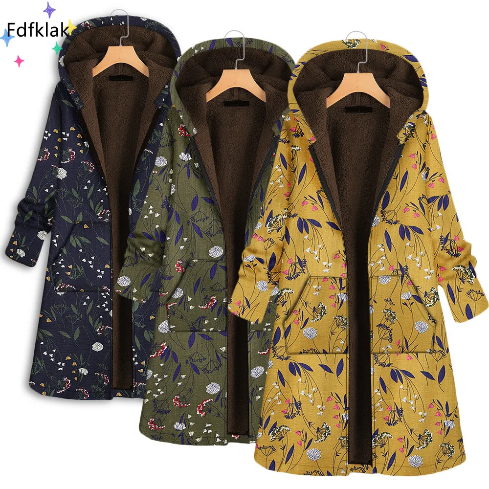 Fdfklak Korean Print Parkas For Women Clothing Cotton Linen Plus Velvet Thick Mid-Length Green Jacket Female 2021 Oversize