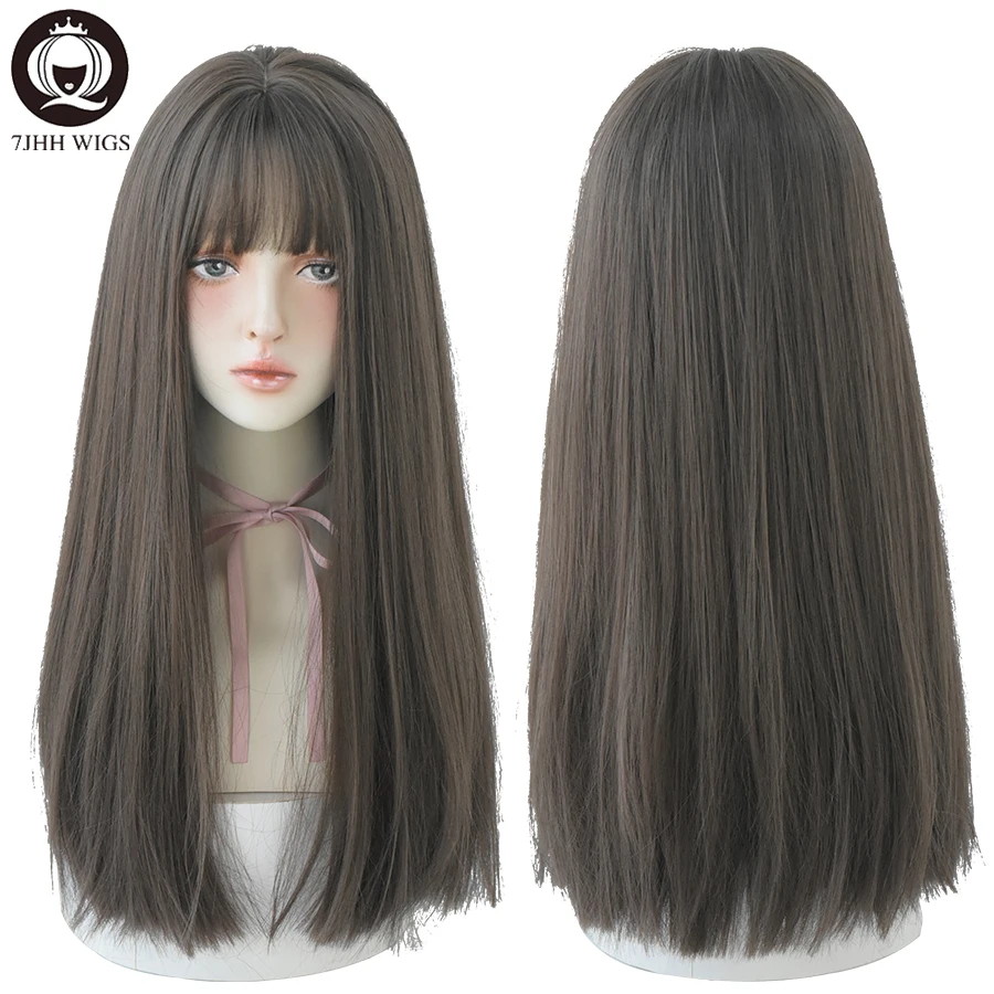 7JHHWIGS Long Straight Synthetic Light Brown Wigs With Bang For Women Heat-Resistant Daily Use Hair Hot Sell Wholesale Wigs