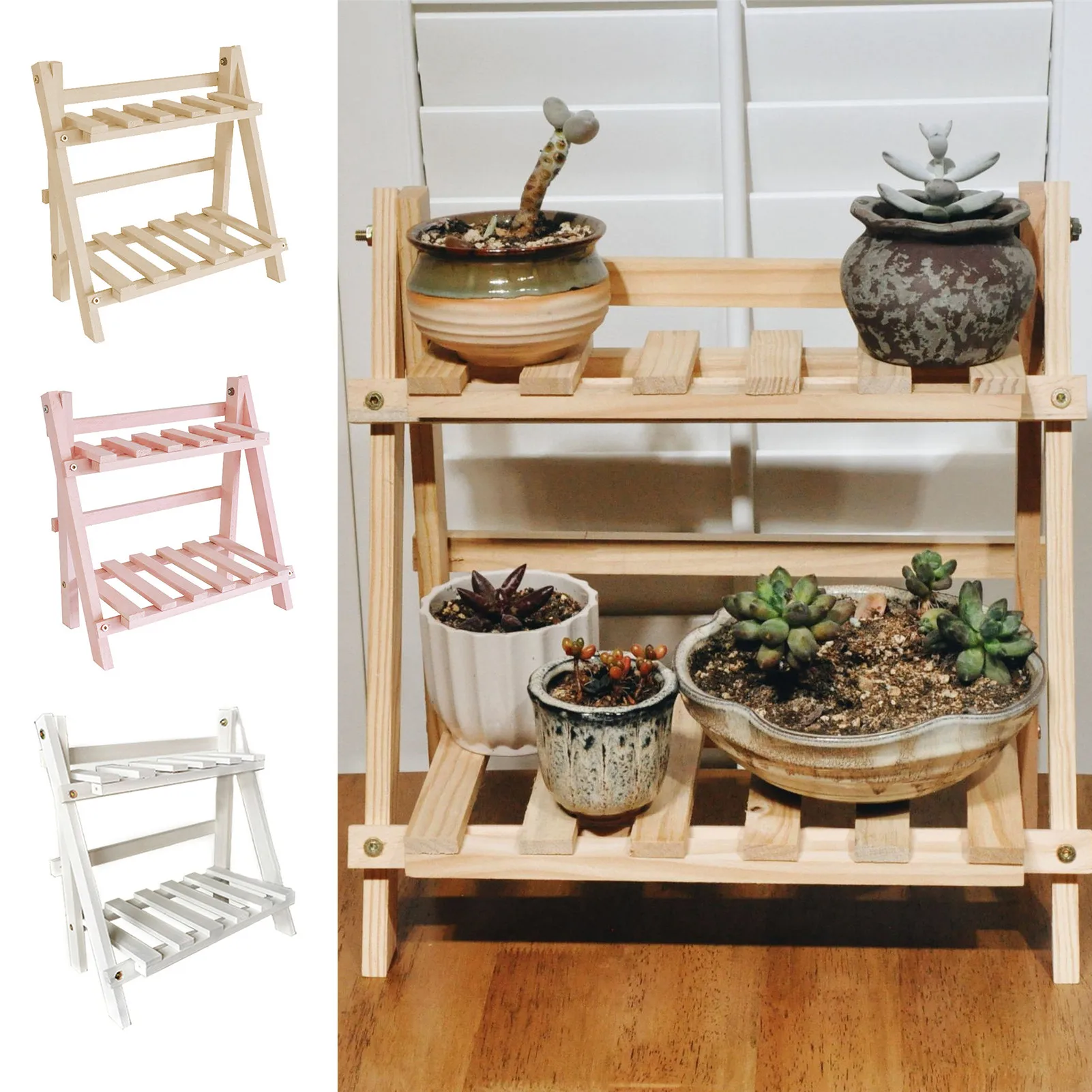 2 Tier Small Wooden Plant Pot Display Stand Multifunctional Desktop Storage Shelf Succulent Green Plant Display Rack Decoration