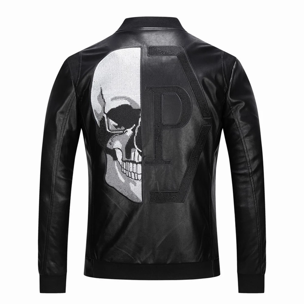 New Occident fashion casual men\'s skull embroidery Black PU leather coat baseball collar slim Motorcycle Jacket