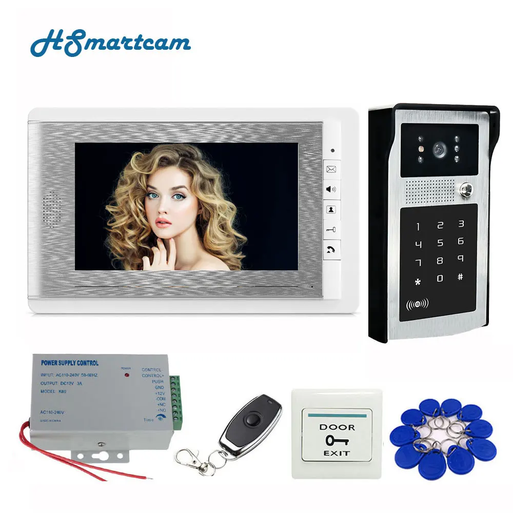 

New 7" Screen Video Door Phone Doorbell Intercom System + Alunimum pane Camera Password + Power Supply+ Door Exit+ ID Keyfobs