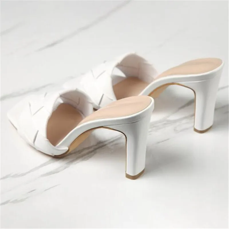 NEW Sexy PU diamond Square head Peep Toe High Heel Slippers Summer Fashion Slip On Thin Heels Slides Women Mules Party