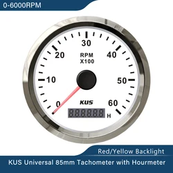 KUS 85mm 타코미터 RPM 게이지 REV 계량기, 시간 계량기, 적색 및 황색 백라이트, 3000RPM, 4000RPM, 6000RPM, 8000RPM, 12V, 24V