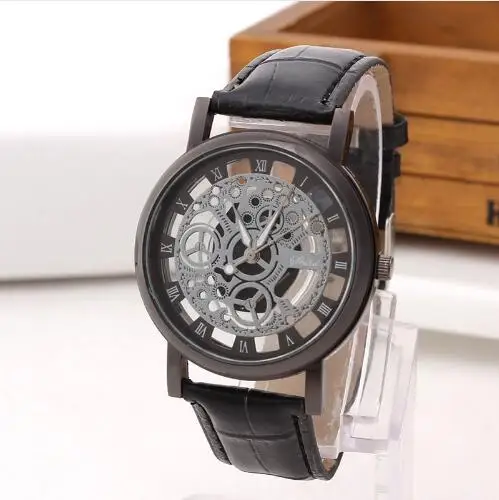 Attractive Nice Pop Design Men PU Leather Mechanical Gear Watch High Quality Buckle Relogios masculinos Quartz Wristwatches