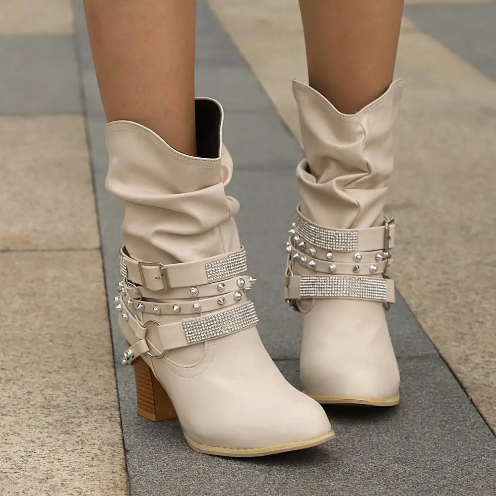 Classic Women\'s Boots Pointed Toe Hasp Elastic Ankle Boots Thick Heel High Heels Shoes Woman Female Rough with rhinestones Boots