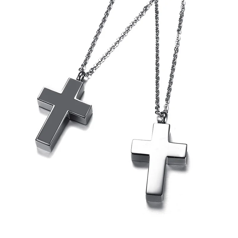 Cross Pendant Necklace Cremation Ashes Ash Urn Keepsake Men\'s Stainless Steel Male Jewelry in Black