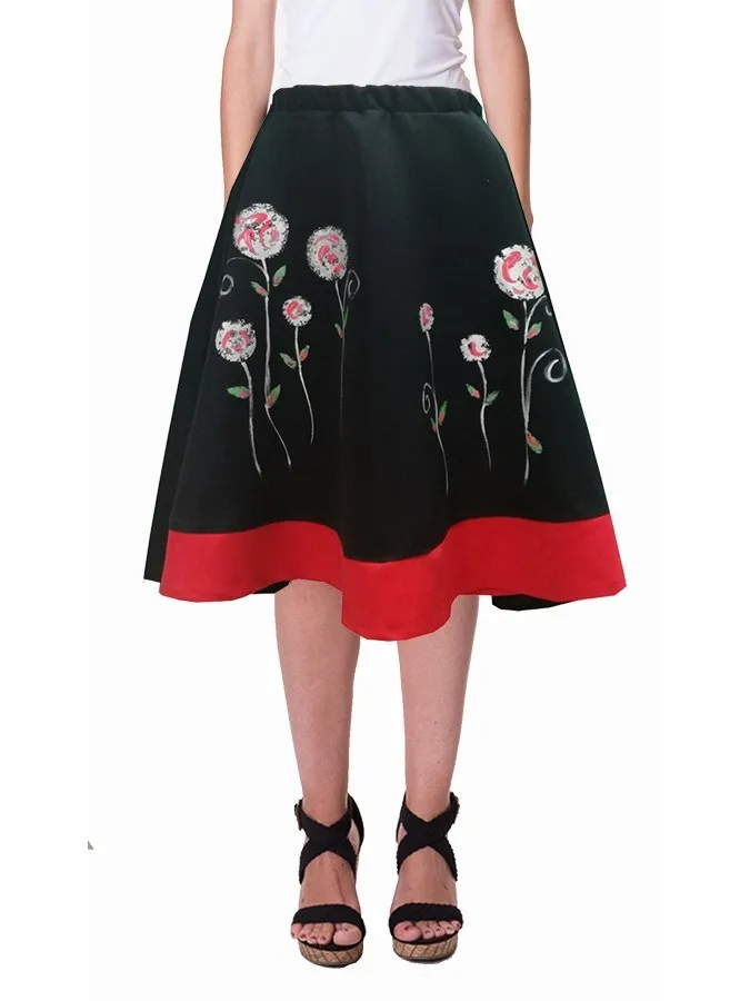 Women's long skirt with hand painted drawing, black skirt with elastic waist, easy to adjust