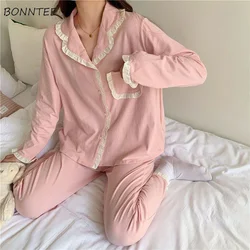 Pajama Sets Women Korean Style Fashion Breathe Japanese Sweet Simple All Match Full Length Patchwork Sleepwear Homewear Chic Ins