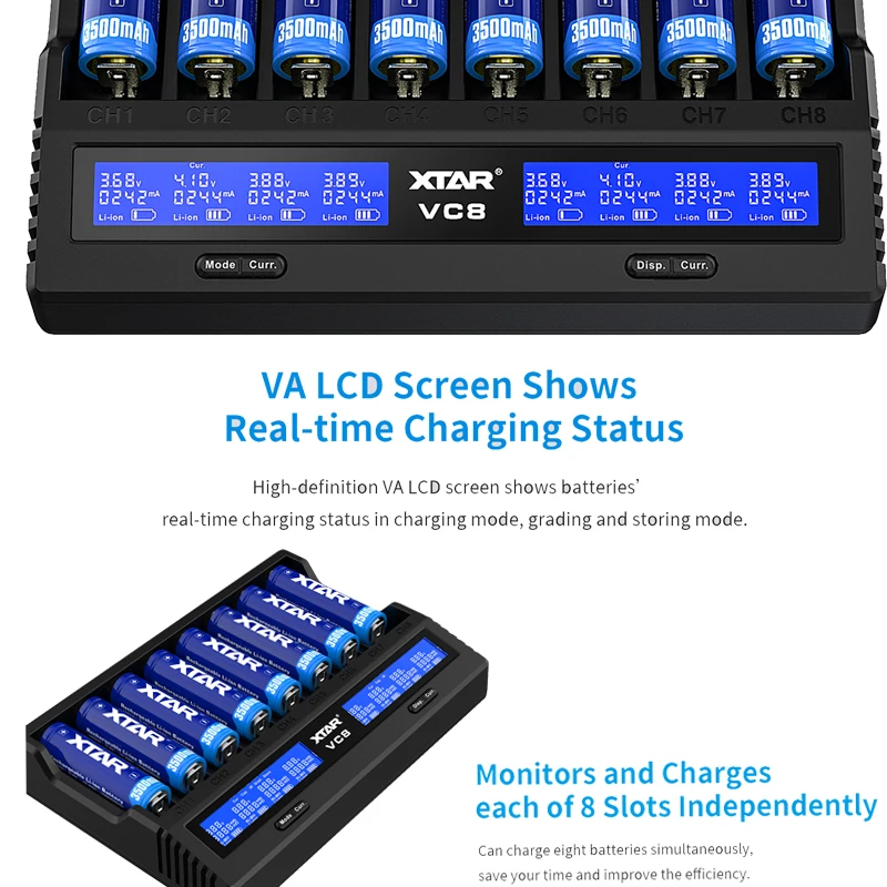 XTAR VC8 18650 Battery Charger USB C QC3.0 3A Fast Charging 21700 Rechargeable Li-ion Batteries 1.2V AAA AA Battery Charger