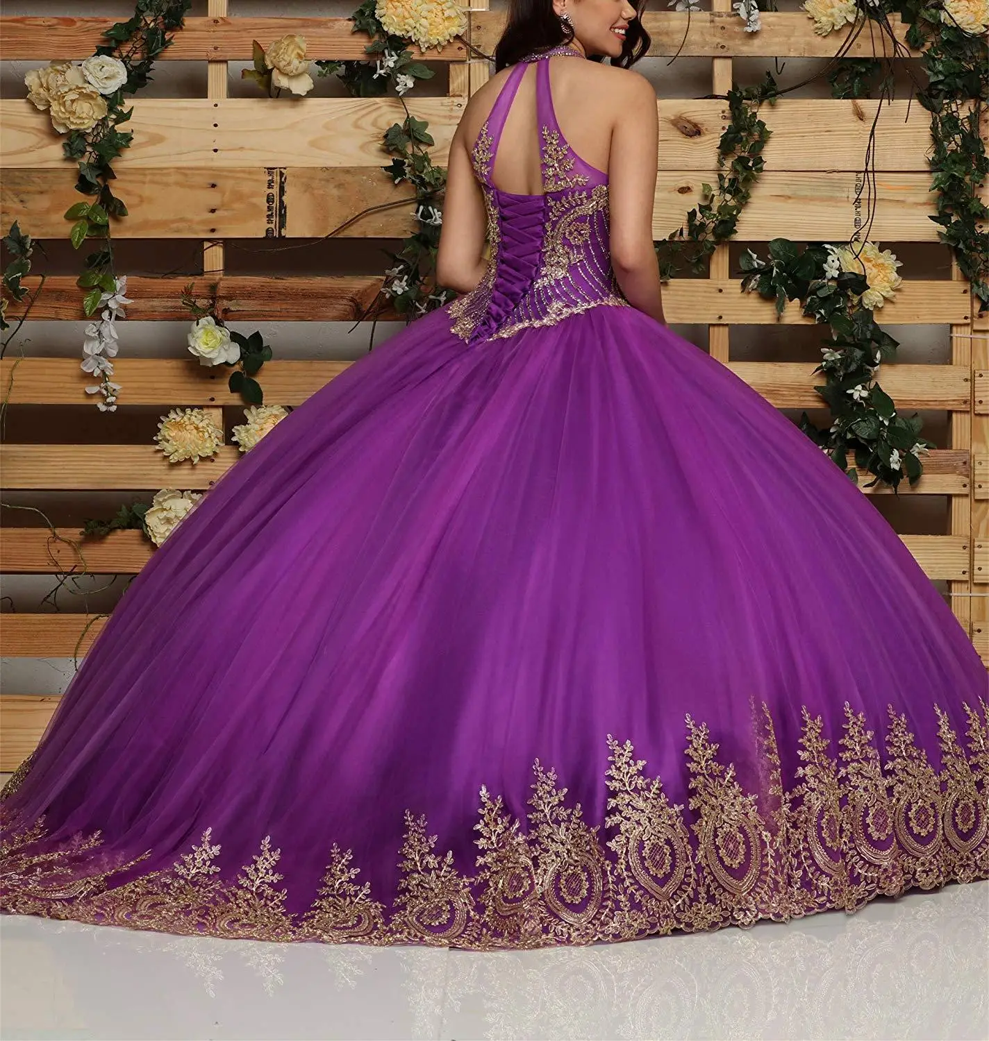 Gaun Pesta Basque Tanpa Lengan Halter Charmingbridal Gaun Manis 16 "Gaun Quinceanera Ungu Panjang Selantai dengan Jaket