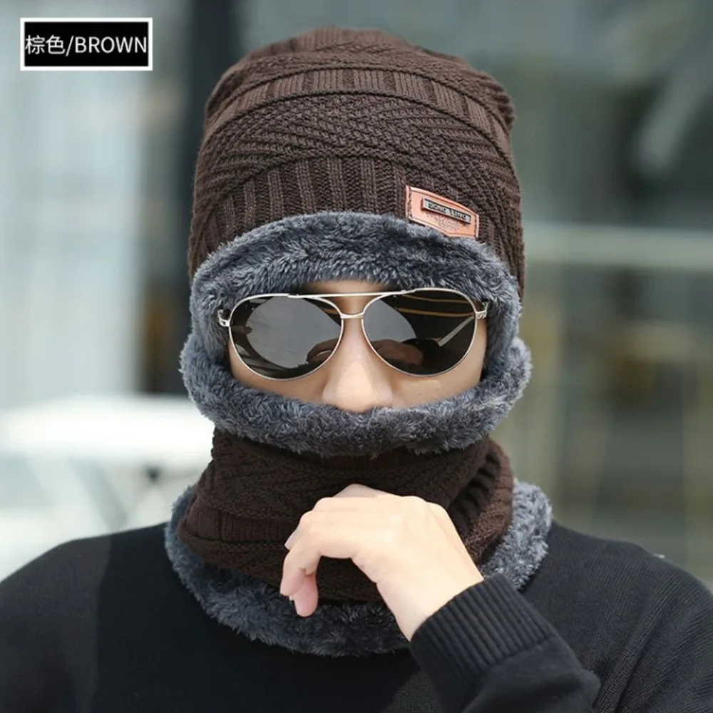 Chapéus de inverno homens de pelúcia quente malha beanie cachecol conjunto ao ar livre cor sólida masculino grosso orelha proteção boné snood kit feminino